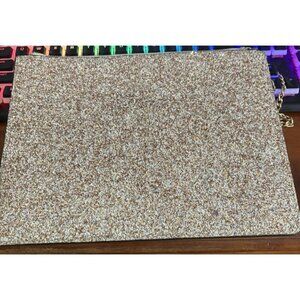 Aldo Gold White Sparkle Pouch Clutch, Tan Leather Back 11" x 8"